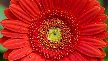 Vibrant red Gerbera daisy with sparkling water droplets, a beautiful close-up of nature's fresh beauty.