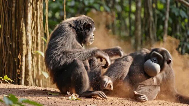 Chimpanzees in their natural habitat, interacting and displaying social behaviors in the wild.