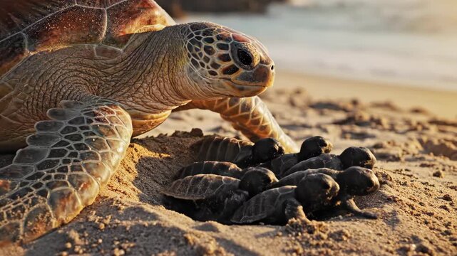 Sea turtle watches over hatchlings on sandy beach at sunset, natures miracle.