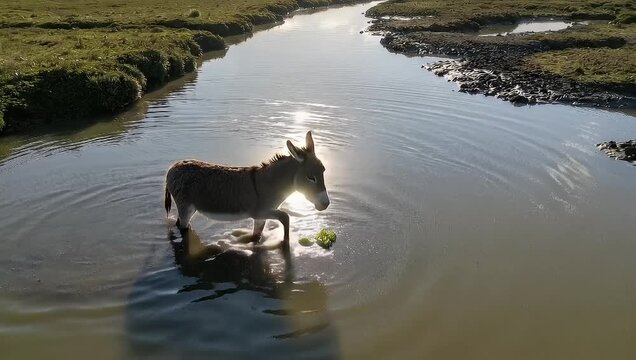 Donkey wading in a river on a sunny day, enjoying the water and nature.
