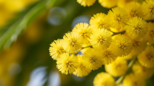 Vibrant yellow mimosa flowers blooming in spring, close-up on a branch with soft green background