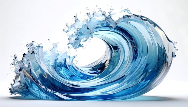 Crystal clear wave cresting against white backdrop, abstract water art - Powered by Adobe