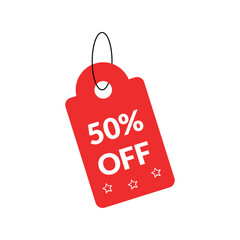 Vibrant red promotional tag showcasing a prominent fifty percent discount, ideal for advertising sales events, special offers, and limited-time price reductions in retail and e-commerce settings