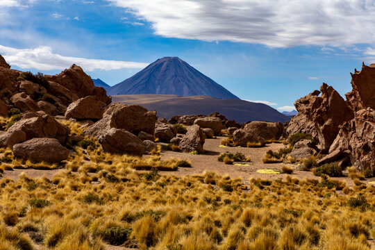 Scenic view of mountain and volcanic landscape near San Pedro de Atacama