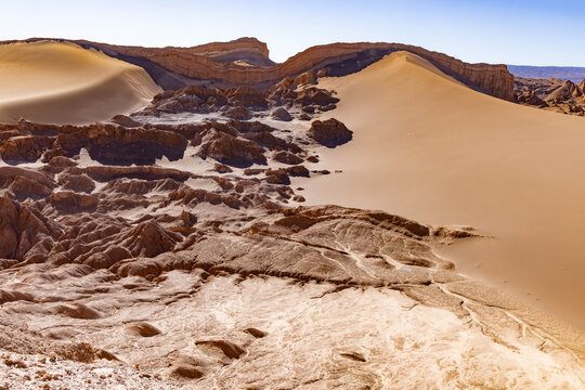 Bizarre rock formations and sand dunes in Moon Valley Chile