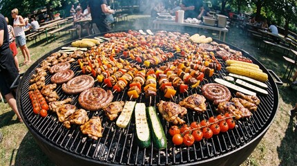 Large Outdoor Circular Charcoal Grill Loaded with Various Meat Skewers, Sausages, Chicken, and Vegetables