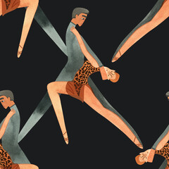 Latin American program of sport ballroom dancing. ProAm show. Seamless pattern for decoration of merch and souvenirs of dance school for adults. Wrapping paper, paper bags, notebook cover