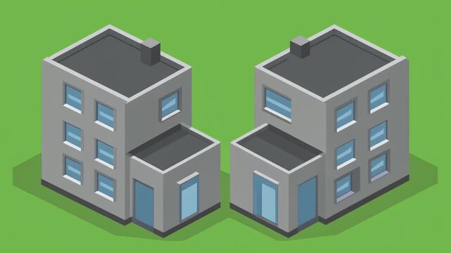 "Two isometric buildings on a green lawn, representing urban architecture and planning."