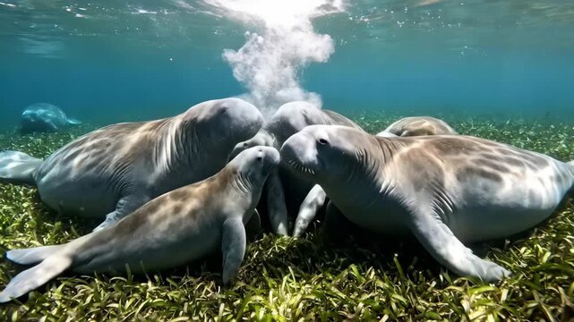 Underwater manatees gather in a group, swimming in the ocean, eating seagrass.