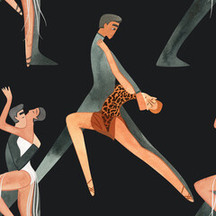 Couples on the parquet dancing La. Professional dancers on the performance. Seamless watercolor pattern for the design of the corporate identity of the brand of the dance school for adults.