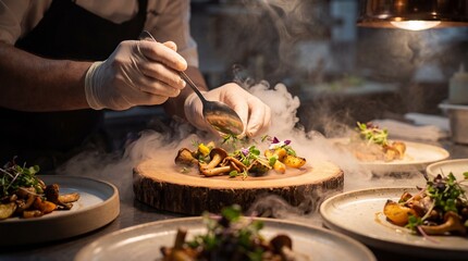 Professional Chef Plating Elegant Mushroom Dishes in a Commercial Kitchen with Dramatic Smoke Effects
