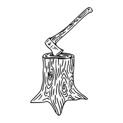 axe embedded in tree stump outline illustration