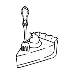 slice of pie with fork and cream outline