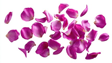 Scattered pink rose petals on white background
