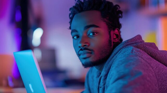 Handsome Black programmer engaged in focused work on laptop inside a modern workspace with vibrant lighting in the evening