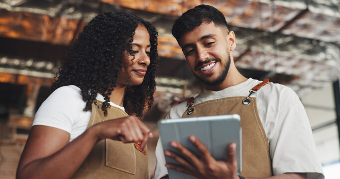 Waiter, teamwork and people with tablet in coffee shop for barista training, digital stocktake or inventory management. Hospitality industry, discussion and tech for cafe system or order help