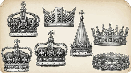 Collection of antique royal crowns and tiaras in vintage style illustration. © ARFI