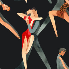 Couples on the parquet dancing La. Professional dancers on the performance. Seamless watercolor pattern for the design of the corporate identity of the brand of the dance school for adults.
