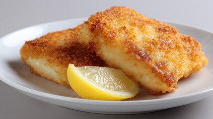 サクサクとした衣にレモンを添えた揚げたての白身魚のフライ