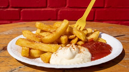 Close up of salted french fries with red ketchup and creamy mayonnaise on a white plate, perfect for a quick snack or fast food meal.