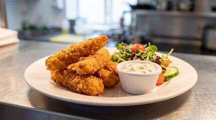 Crispy breaded fish fingers served with creamy tartar sauce and a fresh garden side salad on a white plate in a restaurant kitchen.