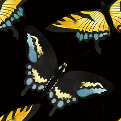 Butterfly. Black swallowtail, Eastern tiger swallowtail. Seamless watercolor pattern for printing on fabric, textiles, wrapping paper, bags, notebooks and notepads. Trend for spring/summer 2026