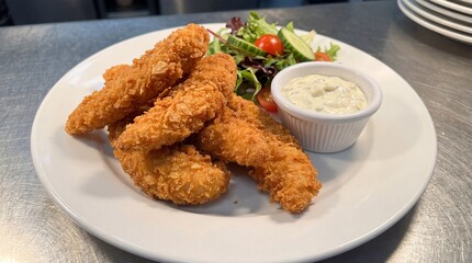 Golden brown breaded chicken strips with dip and a fresh mixed salad garnish, presented on a white plate for a pub or bistro meal.