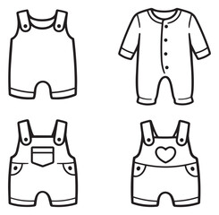 Hand drawn line art baby clothes set featuring rompers, overalls, and a sleepsuit for newborn and infant designs
