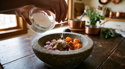 Close up of salt being sprinkled over fresh spices, peppers, and shallots in a stone mortar for grinding in a rustic kitchen.