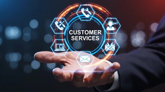 A hand presenting a glowing digital interface showcasing customer services icons including support email and a magnifying glass high quality