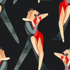 Latin American program of sport ballroom dancing. ProAm show. Seamless pattern for decoration of merch and souvenirs of dance school for adults. Wrapping paper, paper bags, notebook cover