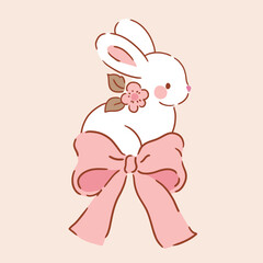 Cute white rabbit character with pink bow on isolated background. Hand drawn Easter bunny illustration. Perfect for logo, sticker or nursery print design. EPS10 vector file.