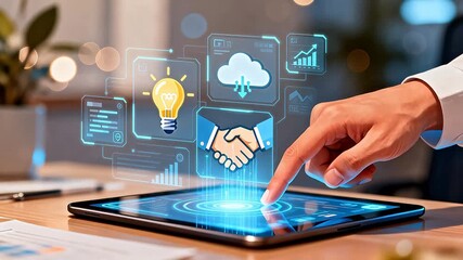 Hand interacting with digital tablet interface - Powered by Adobe