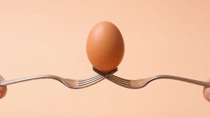 Conceptual image of a single brown egg balanced perfectly on two interlocking metal forks against a beige background.