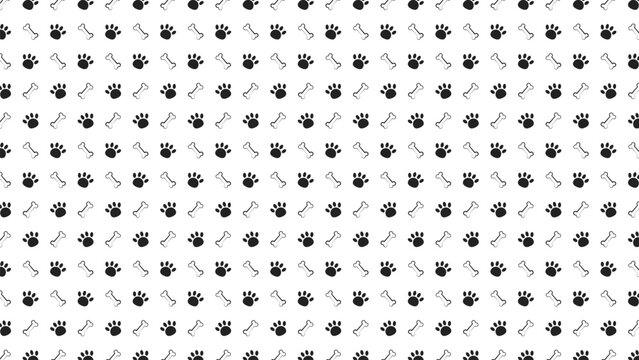Minimalist black and white pet paw print and bone pattern. Flat background for dog lovers, veterinary clinics, animal shelters, and cute puppy themed fabric or gift wrap