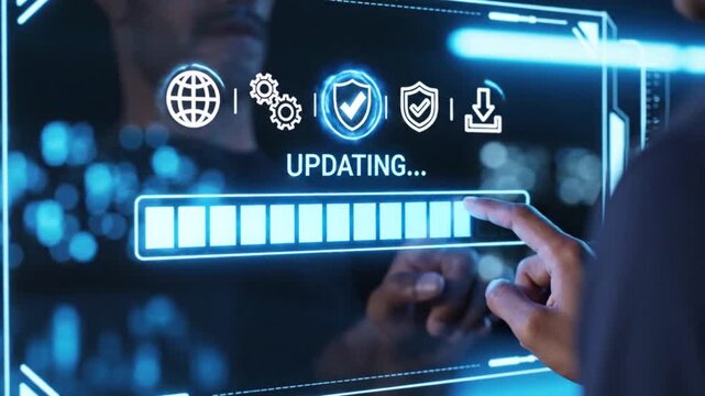 A digital screen displays a progress bar labeled updating with icons representing security global connectivity and data transfer being touched by a hand