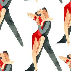 Latin American program of sport ballroom dancing. ProAm show. Seamless pattern for decoration of merch and souvenirs of dance school for adults. Wrapping paper, paper bags, notebook cover