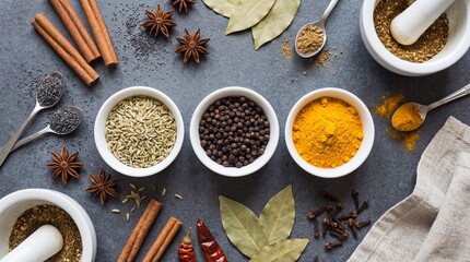 Overhead View of Various Colorful Spices and Herbs in White Bowls with Mortar and Pestle on Dark Slate