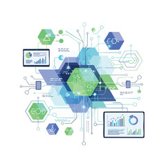 Infographic illustration of business data visualization with hexagons and graphs on a white background with a professional and technological mood.