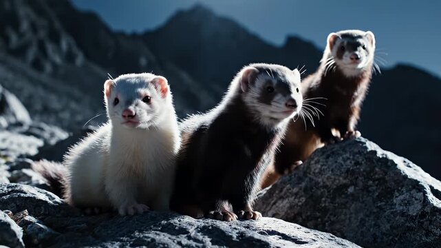 Three adorable ferrets posing on a rocky surface with mountain background.