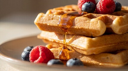 Close up of Golden Belgian Waffles Topped with Fresh Raspberries Blueberries and Dripping Honey