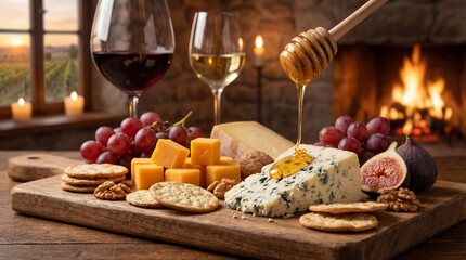 Cozy Evening Cheese Board with Wine and Honey Drip in Front of Warm Fireplace and Vineyard View