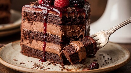 Decadent Multi Layered Chocolate Cake with Berry Jam and Fresh Blackberries on a Plate with Fork
