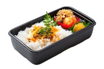 Bento box with rice, vegetables, and colorful toppings on black plastic tray