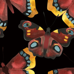 Peacock butterfly, Morning cloak or Nymphalis antiopa. Seamless watercolor pattern for printing on fabric, textiles, wrapping paper, bags, notebooks and notepads. Trend for spring/summer 2026
