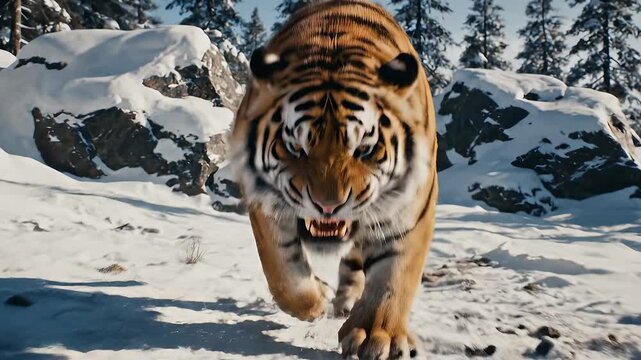 Majestic tiger prowling through snowy landscape, showcasing power and beauty.