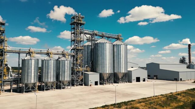 a wide angle view of a modern industrial grain processing facility with multiple cylindrical silos metal structures and a clear blue sky