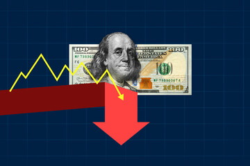 Conceptual financial illustration of a US dollar banknote with a downward arrow and declining trend line on a blue grid background, representing currency depreciation.