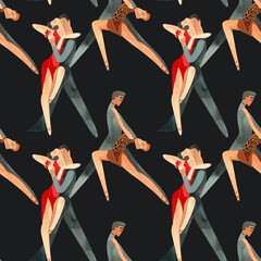 Dancing as a hobby for adults. ProAm in a dance studio. Seamless watercolor pattern for textile and fabric design for training dresses, bodysuits and suits. Merch for a dance studio.