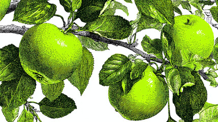 Green apples hanging from a branch of a tree